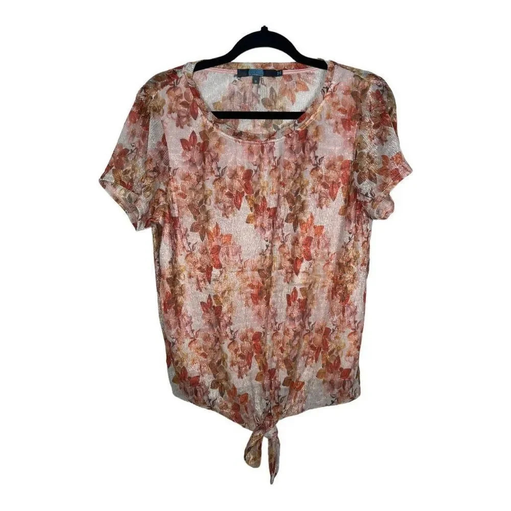 Eva Franco Women's Pink and Red Metallic Floral Short sleeve Top Size Me… - Picture 5 of 9